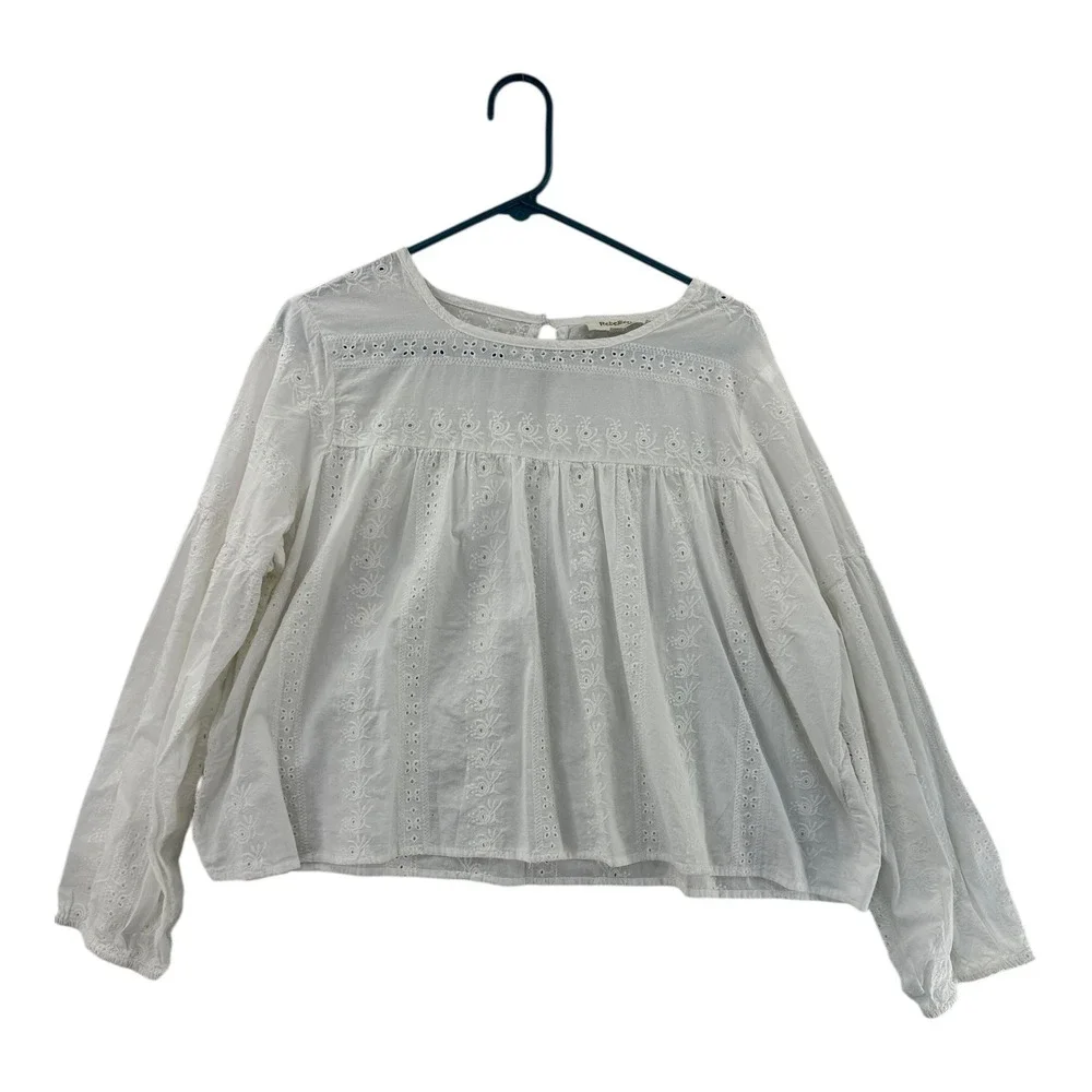 Rebellion White Eyelet Cotton Boho Peasant Blouse Long Sleeve Size L - Picture 1 of 10